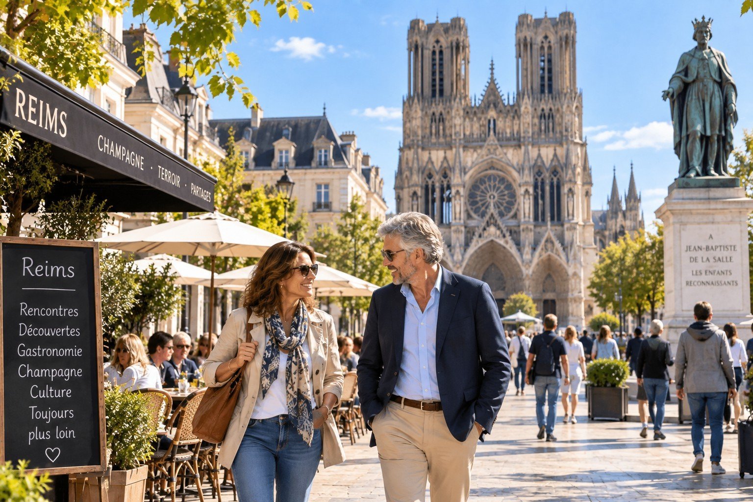 Célibataires de plus de 50 ans faisant connaissance près de la cathédrale Notre-Dame de Reims