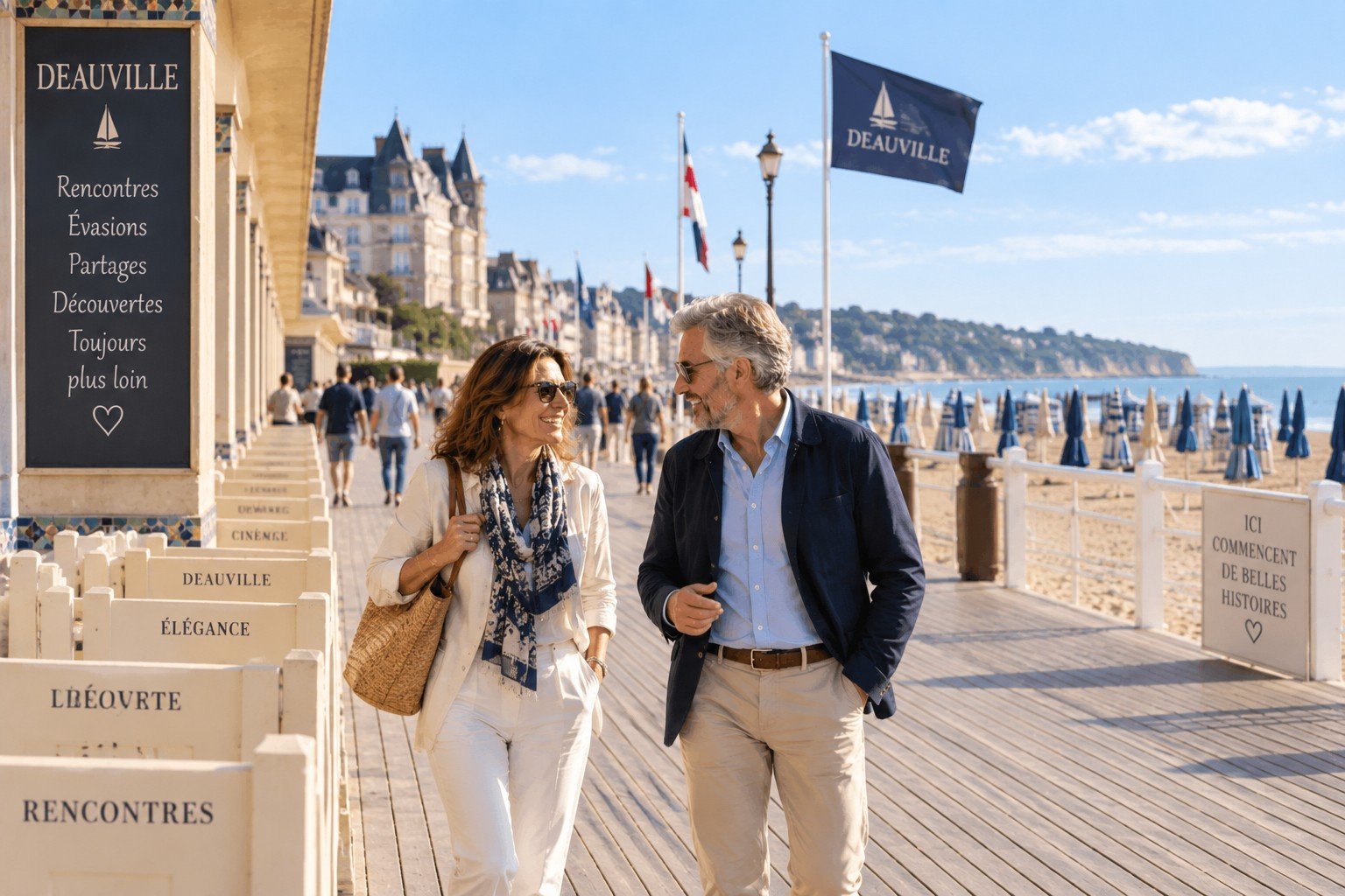 Couple de plus de 50 ans lors d’un premier rendez-vous sur les planches de Deauville