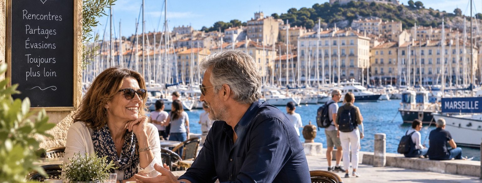 Célibataires de plus de 50 ans faisant une rencontre sur le Vieux-Port de Marseille