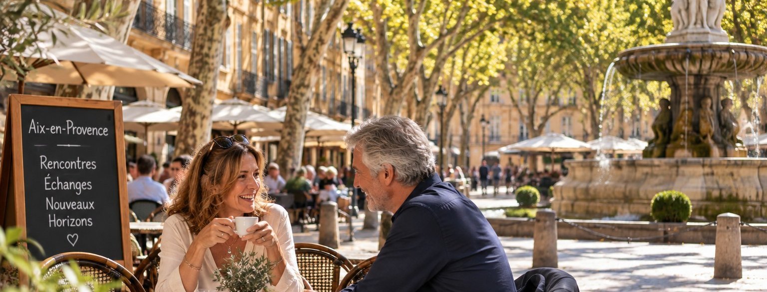 Femme de plus de 50 ans faisant une rencontre sur le Cours Mirabeau à Aix-en-Provence