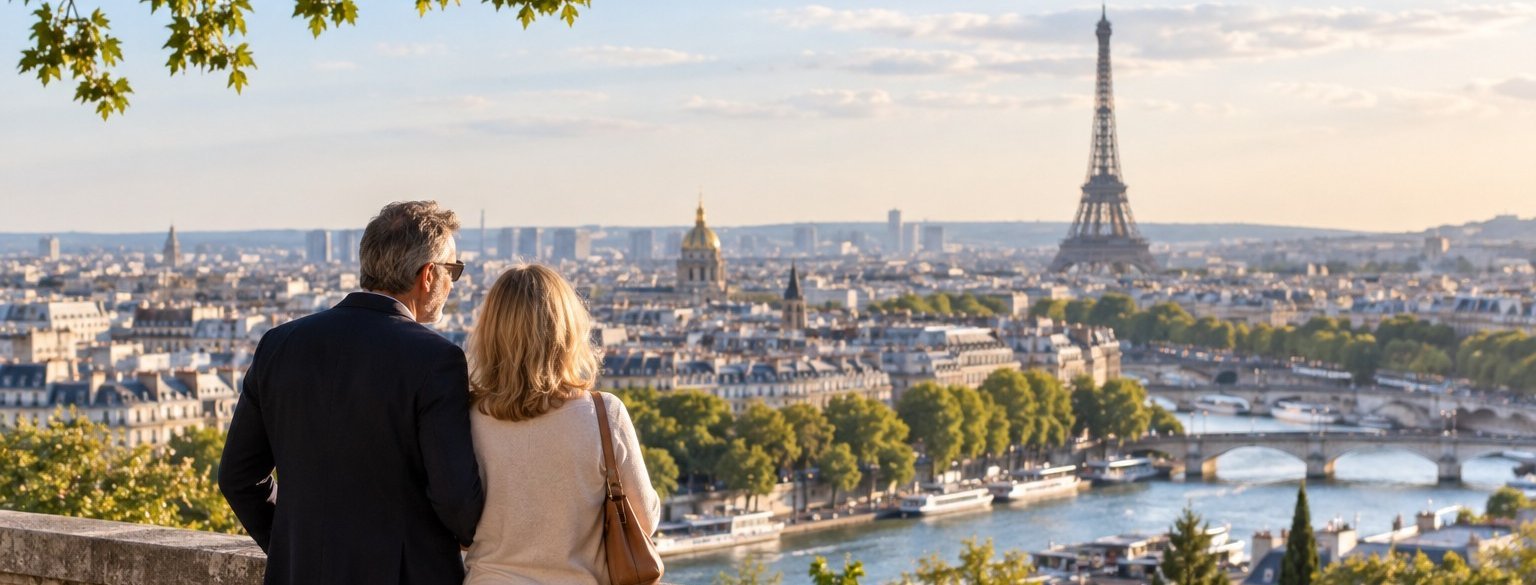 Couple de plus de 50 ans à Paris avec vue sur la tour Eiffel