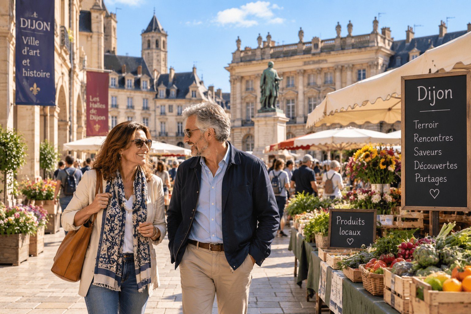 Célibataires de plus de 50 ans lors d’un premier rendez-vous au marché à Dijon