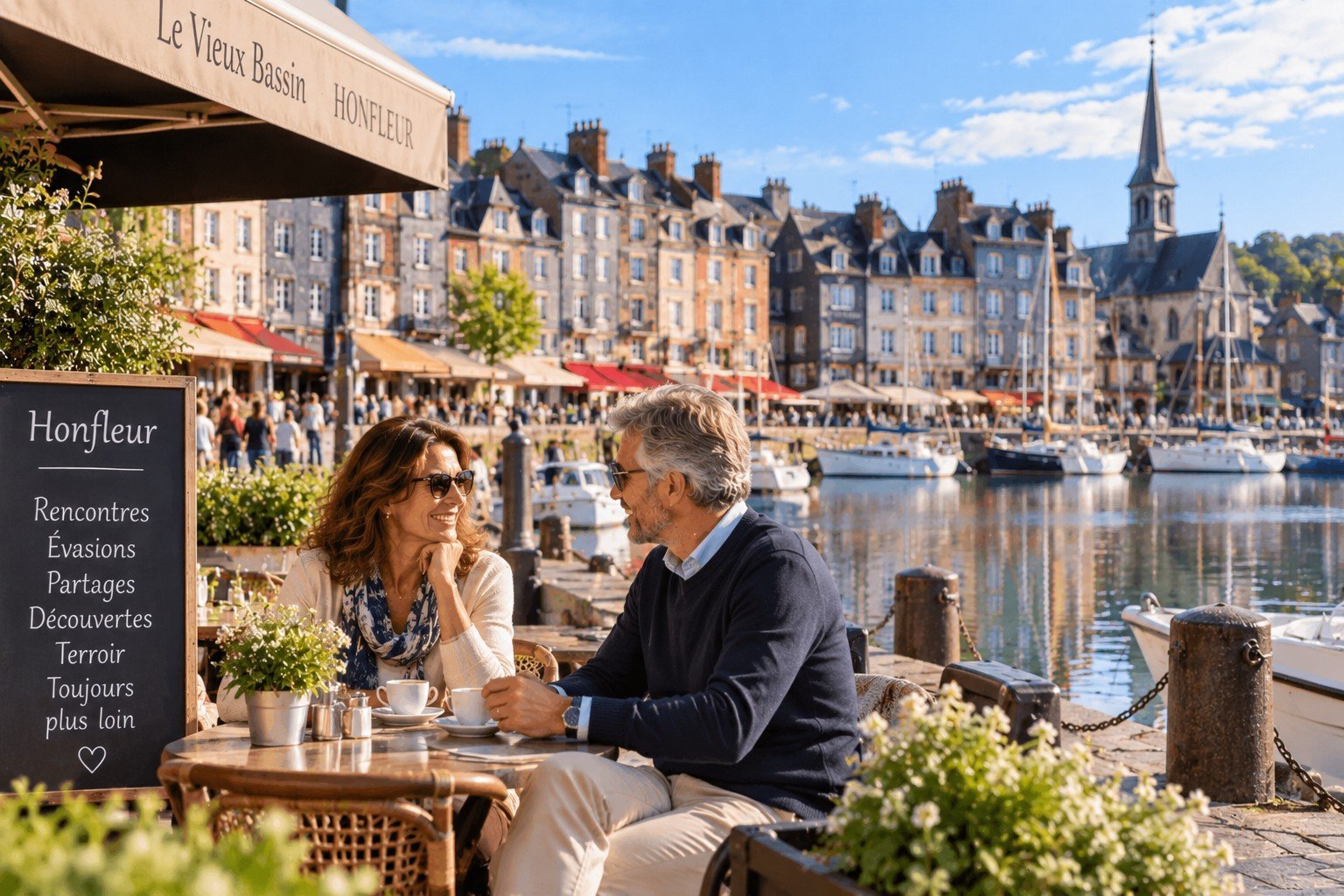 Couple de plus de 50 ans partageant un moment complice sur le Vieux Bassin de Honfleur