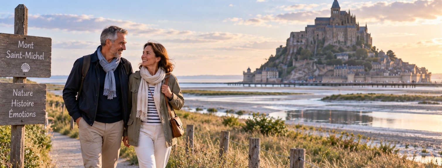 Couple de plus de 50 ans près du Mont-Saint-Michel
