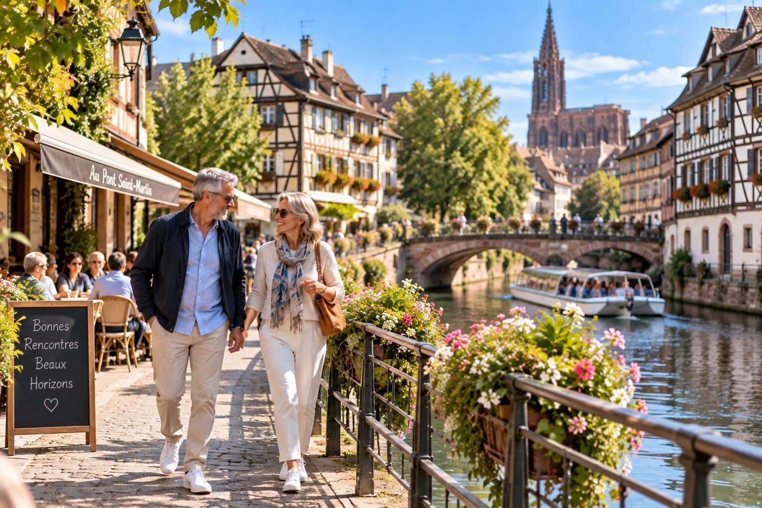Couple de plus de 60 ans dans le quartier de la Petite France à Strasbourg