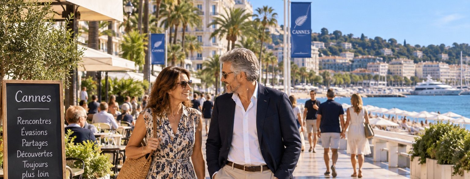 Célibataires de plus de 50 ans faisant connaissance sur la Croisette à Cannes